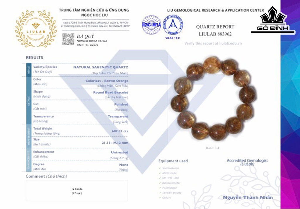 Vòng Tay Đá Thạch Anh Tóc Vàng Đường Kính Hạt 21,13 - 19,12 (mm)