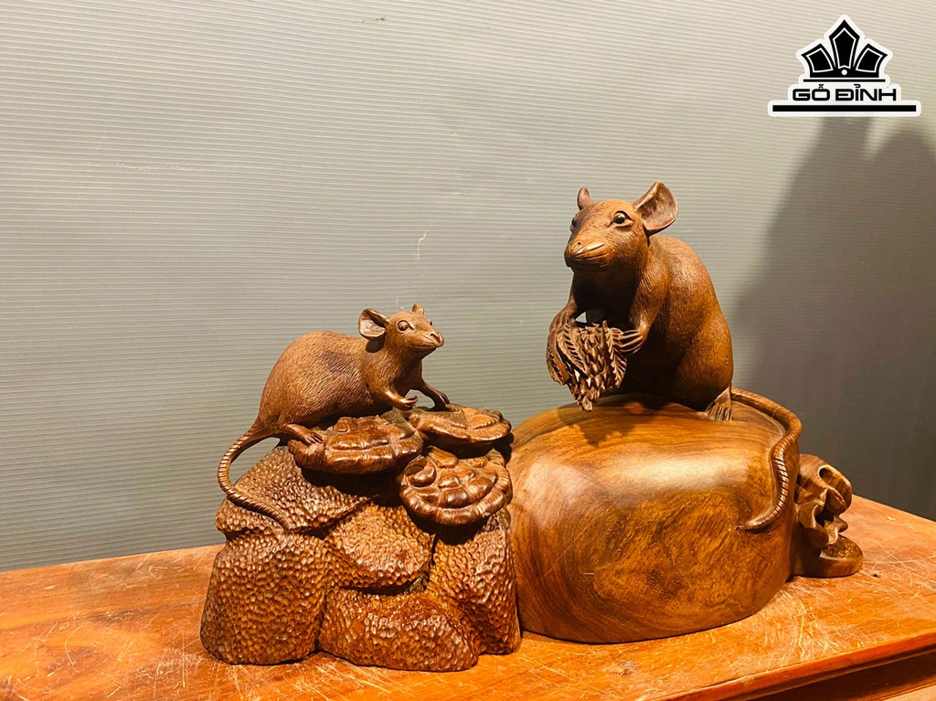 Tượng Chuột Mẫu Tử Gỗ Cẩm Cao 24 Ngang 42 Sâu 15 (cm)