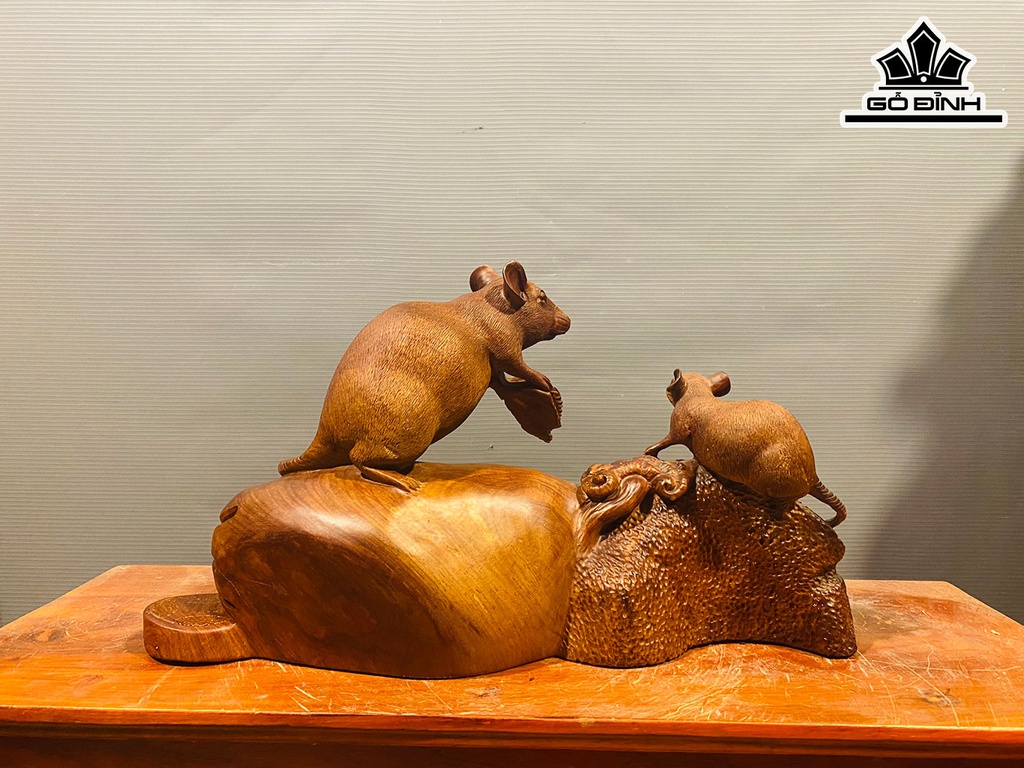 Tượng Chuột Mẫu Tử Gỗ Cẩm Cao 24 Ngang 42 Sâu 15 (cm)