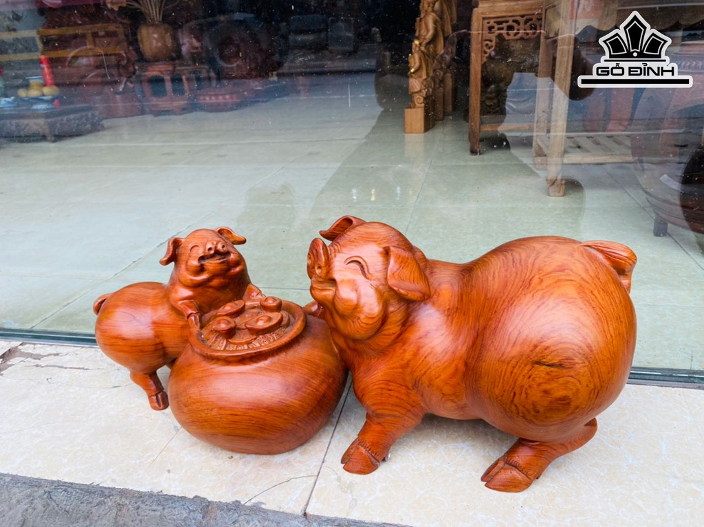 Tượng Heo Mẫu Tử Gỗ Hương Cao 22 Ngang 56 Sâu 20 (cm)