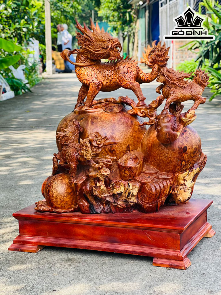 Tượng Tam Lân Chấn Bình Gỗ Nu Hương Cao 72 Ngang 55 Sâu 36 (cm)