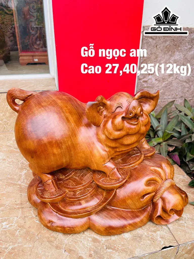 Tượng Heo Phong Thủy Gỗ Trắc Đen Đỏ Cao 27 Ngang 40 Sâu 25 (cm)