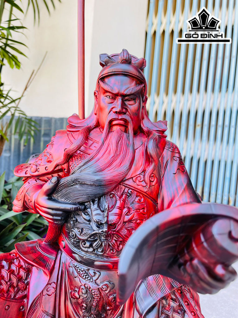 Tượng Quan Công Gỗ Trắc Đen Đỏ Cao 50 Ngang 30 Sâu 25 Cao Cả Kỷ 86 (cm)