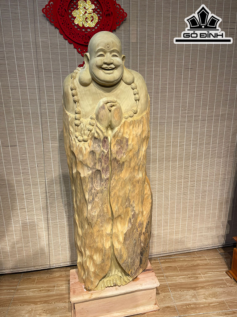 Tượng Phật Di Lặc Chúc Phúc Gỗ Lũa Dổi Cao 131 Ngang 45 Sâu 20 Cao Cả Kỷ 151 (cm)