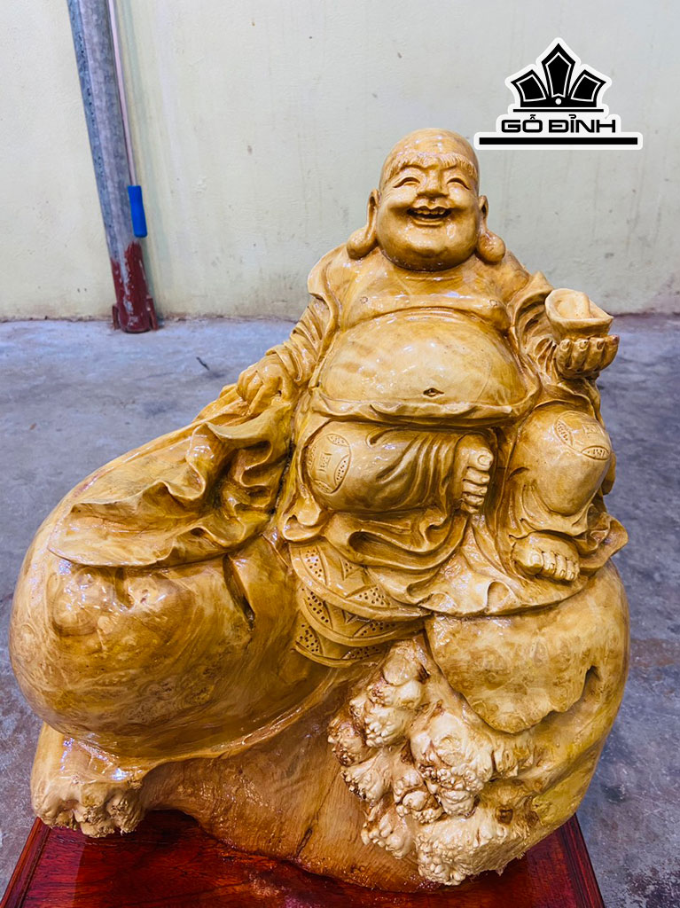 Tượng Phật Di Lặc Ngồi Bao Tiền Gỗ Nu Kháo Cao 45 Ngang 35 Sâu 23 Cao Cả Kỷ 52 (cm)