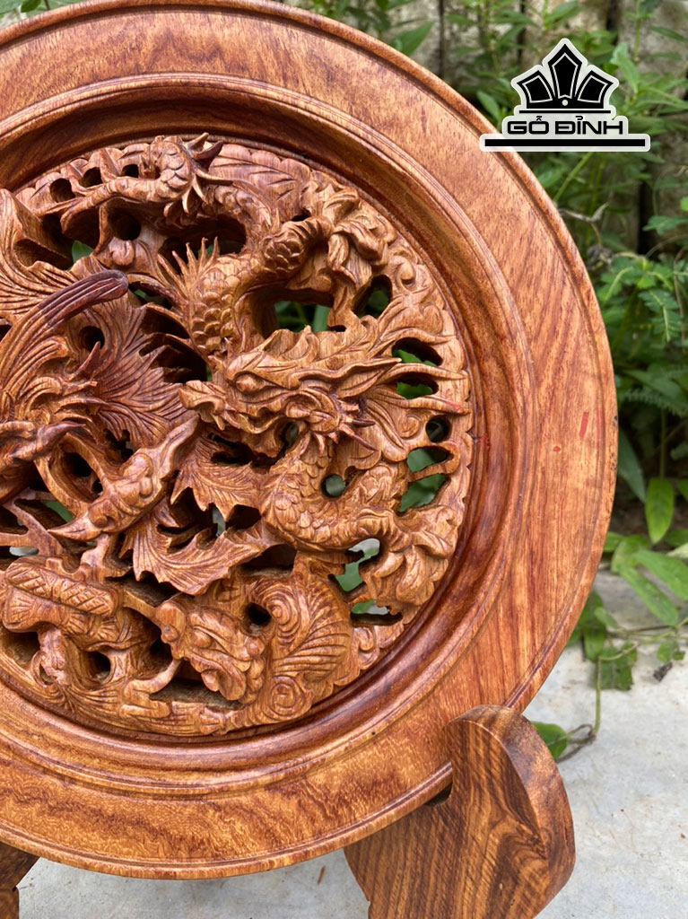 Đĩa Tứ Linh Gỗ Hương Cao 32 Đường Kính 25 (cm)