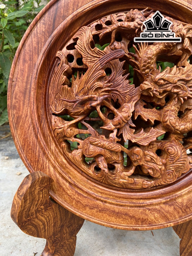 Đĩa Tứ Linh Gỗ Hương Cao 32 Đường Kính 25 (cm)