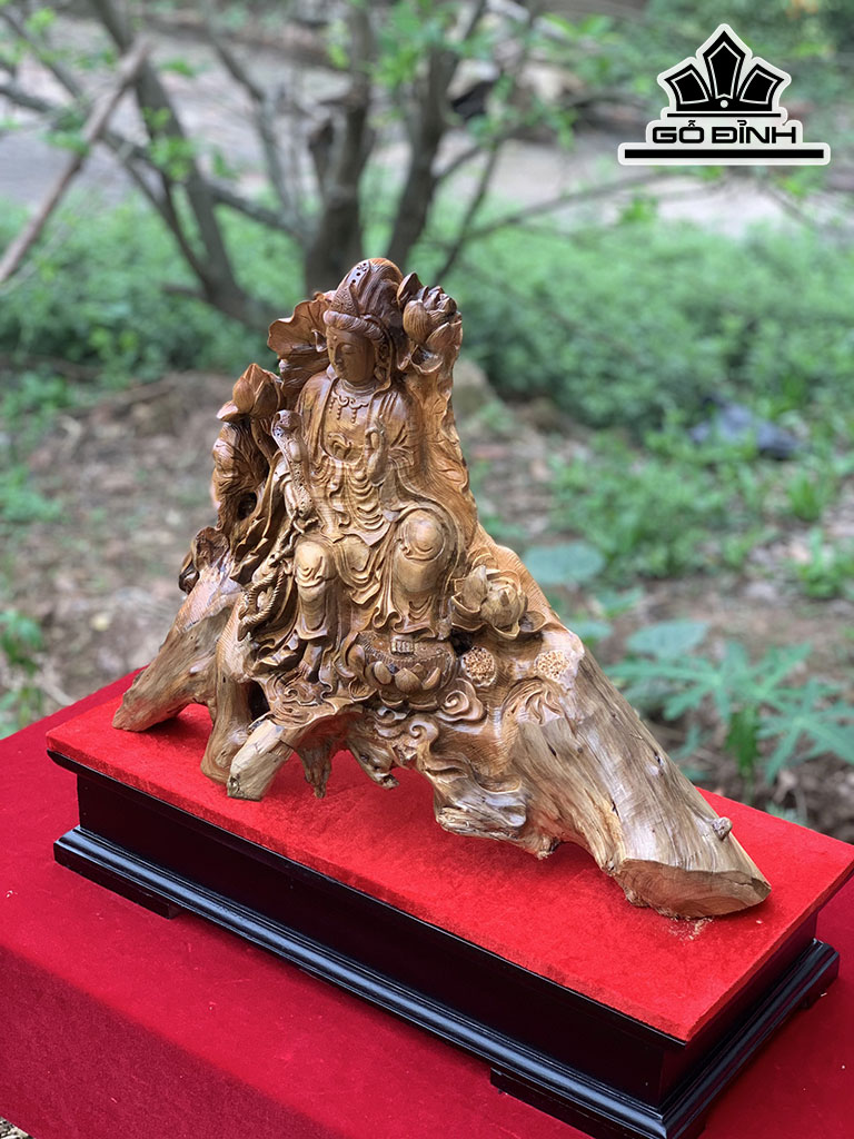 Tượng Phật Bà Quan Âm Gỗ Bách Xanh Cao 50 Ngang 38 Sâu 25 (cm)