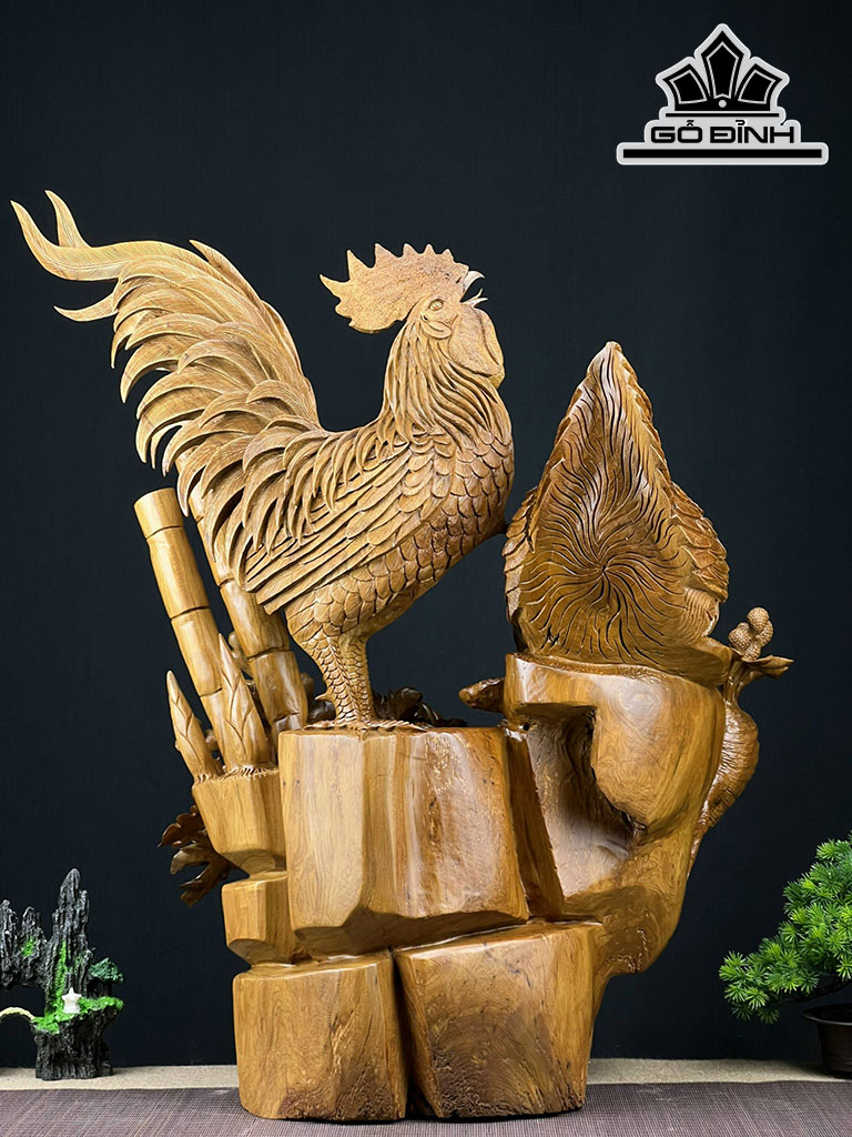 Tượng Gia Đình Gà Gỗ Bách Xanh Cao 72 Ngang 60 Sâu 42 (cm)