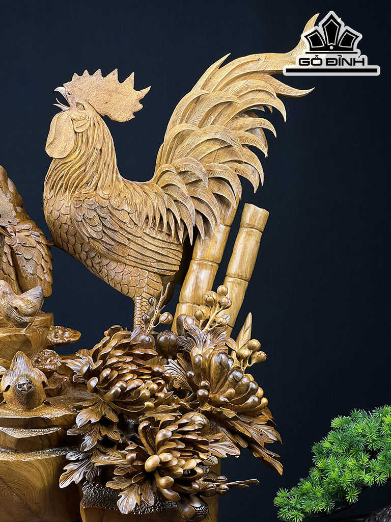 Tượng Gia Đình Gà Gỗ Bách Xanh Cao 72 Ngang 60 Sâu 42 (cm)