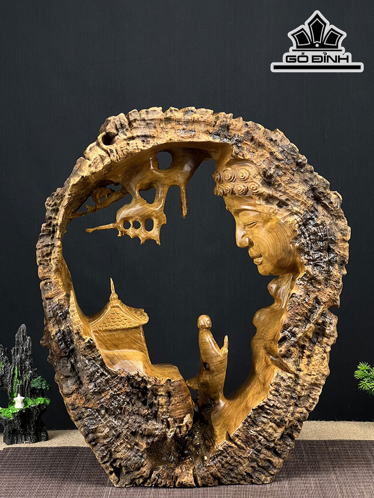 Tượng Nhất Tâm Bái Phật Gỗ Lũa Dổi Cao 47 Ngang 40 Sâu 17 (cm)