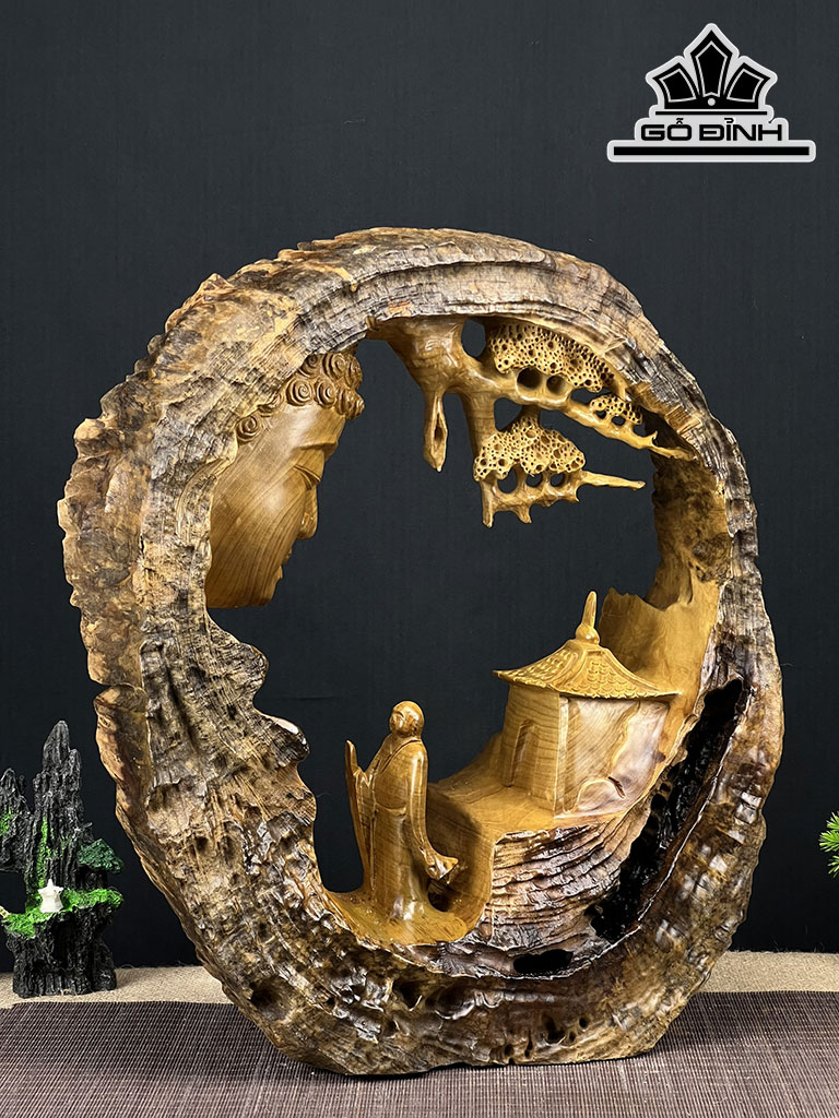 Tượng Nhất Tâm Bái Phật Gỗ Lũa Dổi Cao 47 Ngang 40 Sâu 17 (cm)