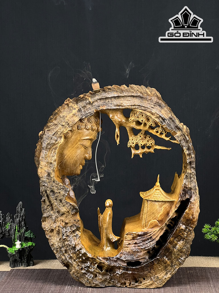 Tượng Nhất Tâm Bái Phật Gỗ Lũa Dổi Cao 47 Ngang 40 Sâu 17 (cm)