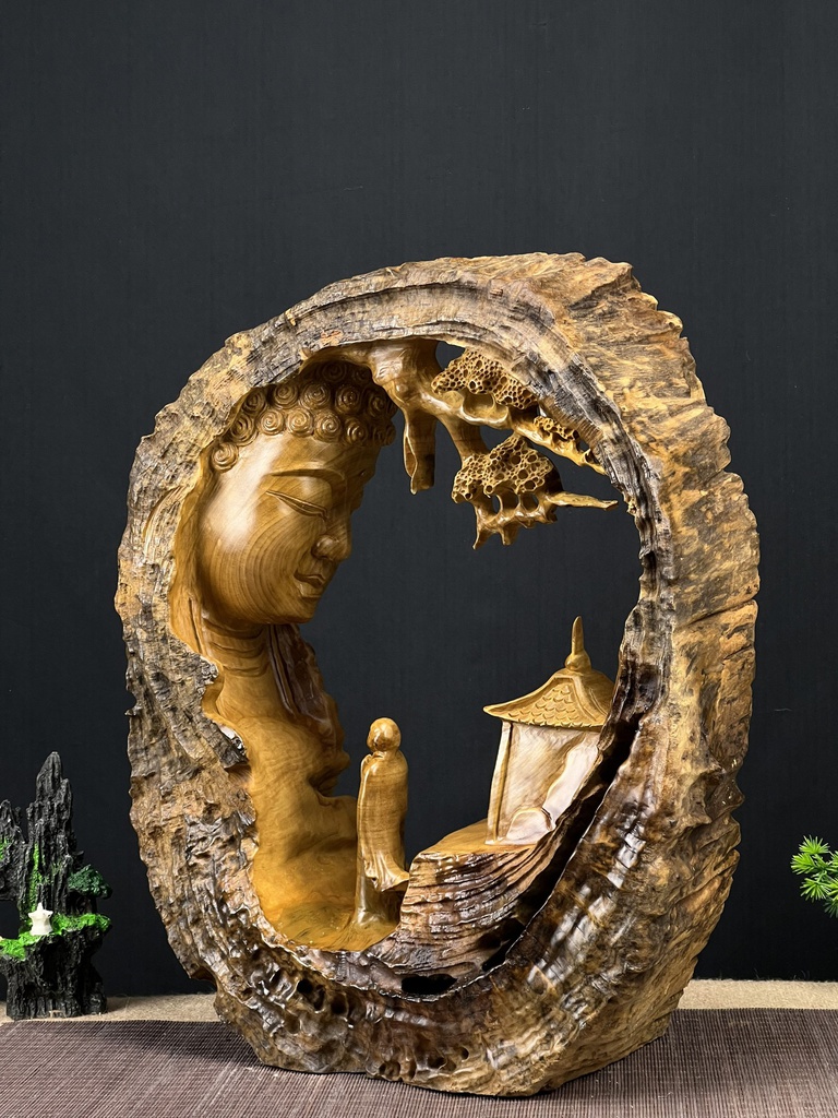 Tượng Nhất Tâm Bái Phật Gỗ Lũa Dổi Cao 47 Ngang 40 Sâu 17 (cm)