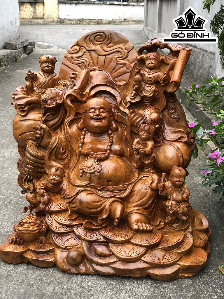 Tượng Phật Di Lặc Ngũ Phúc Gỗ Hương Cao 74 Ngang 70 Sâu 37 (cm)