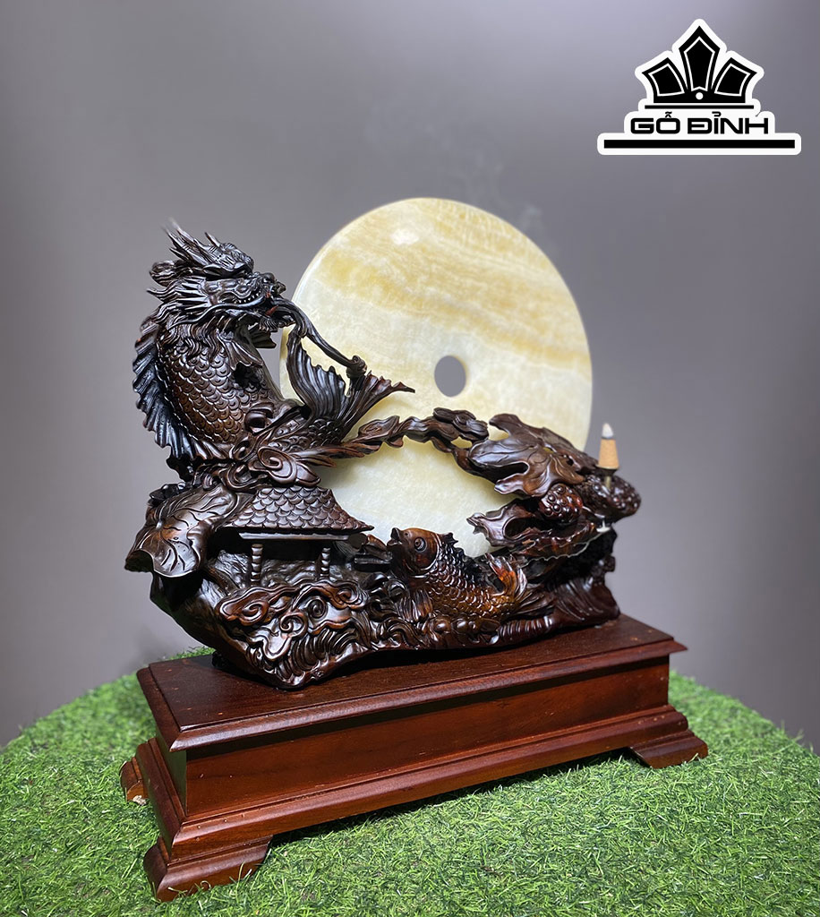 Tượng Cá Chép Hóa Rồng Gỗ Trắc Cao 46 Ngang 43 Sâu 12 (cm)