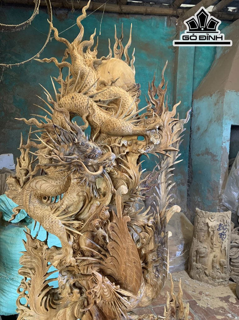 Tượng Tứ Linh Gỗ Bách Xanh Cao 162 Ngang 62 Sâu 23 (cm)