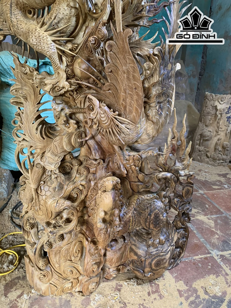 Tượng Tứ Linh Gỗ Bách Xanh Cao 162 Ngang 62 Sâu 23 (cm)