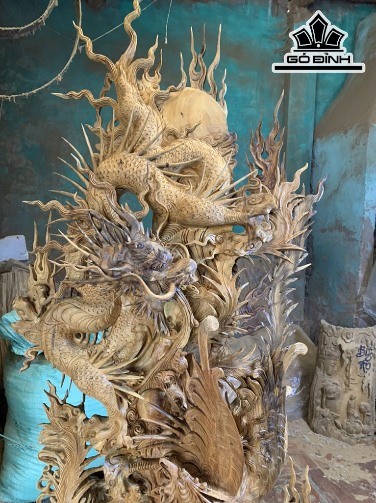 Tượng Tứ Linh Gỗ Bách Xanh Cao 162 Ngang 62 Sâu 23 (cm)