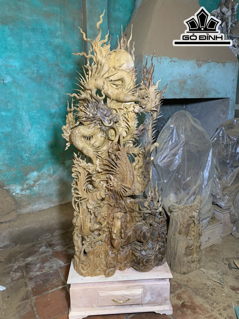 Tượng Tứ Linh Gỗ Bách Xanh Cao 162 Ngang 62 Sâu 23 (cm)