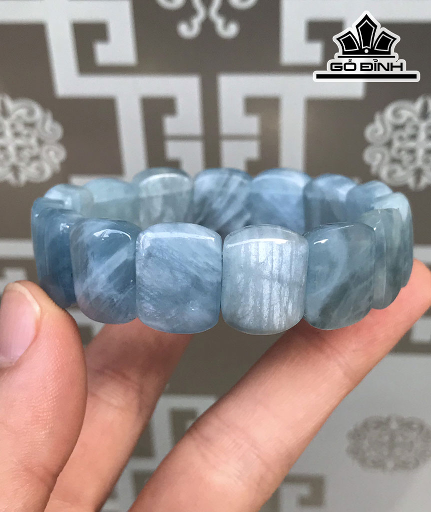Vòng Tay Ngọc Hải Lam Đá Aquamarine -Rộng 16,3mm Chu vi vòng 21,5cm