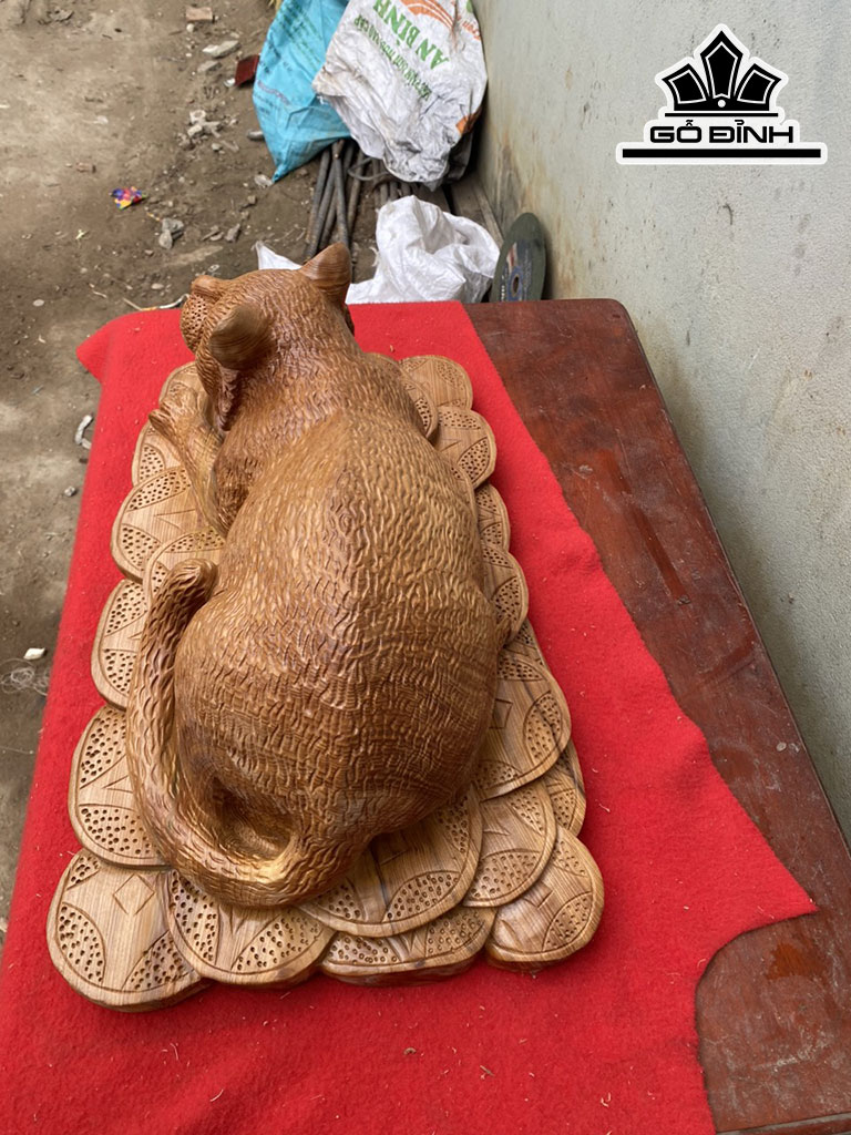 Tượng Mèo Gỗ Ngọc Am Cao 20 Ngang 50 Sâu 30 (cm)