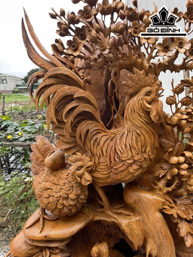 Tượng Gia Đình Gà Gỗ Hương Cao 148 Ngang 80 Sâu 30 (cm)