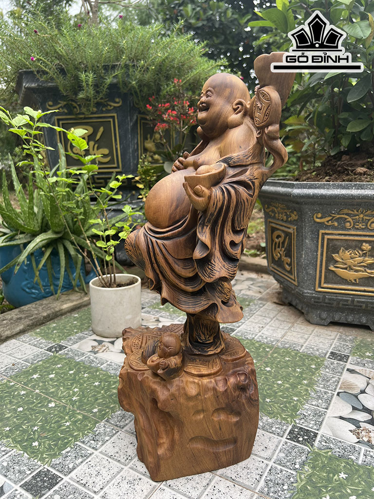 Tượng Phật Di Lặc Gỗ Bách Xanh Cao 48 Ngang 22 Sâu 18 (cm)