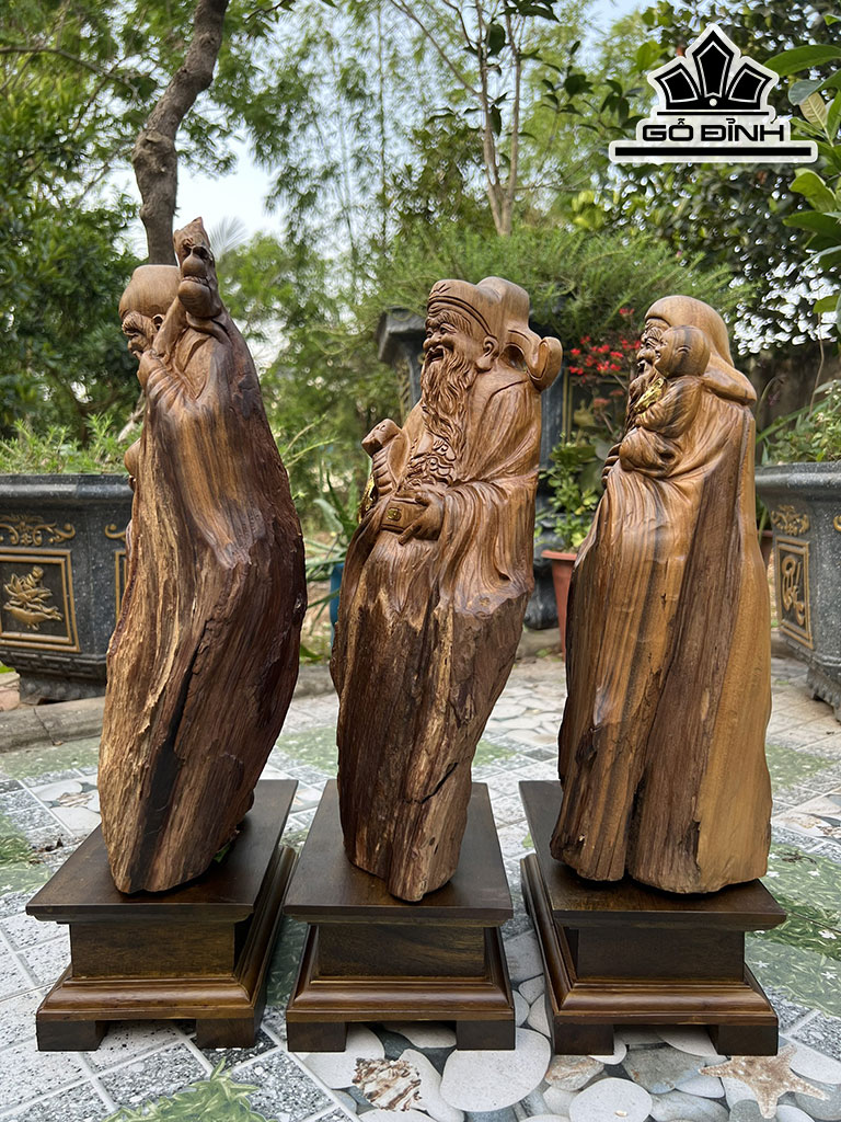 Tượng Phúc Lộc Thọ (Tam Đa) Gỗ Bách Xanh Cao 35 Ngang 18 Sâu 9 (cm)