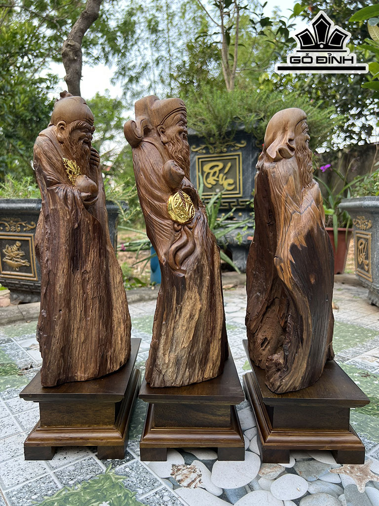 Tượng Phúc Lộc Thọ (Tam Đa) Gỗ Bách Xanh Cao 35 Ngang 18 Sâu 9 (cm)