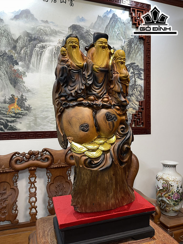 Tượng Phúc Lộc Thọ (Tam Đa) Gỗ Bách Xanh Cao 63 Ngang 32 Sâu 15 (cm)