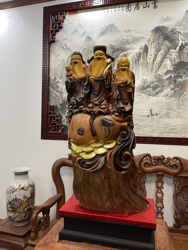 Tượng Phúc Lộc Thọ (Tam Đa) Gỗ Bách Xanh Cao 63 Ngang 32 Sâu 15 (cm)