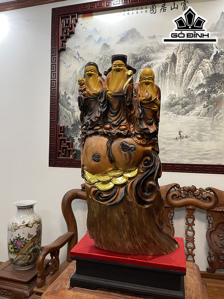 Tượng Phúc Lộc Thọ (Tam Đa) Gỗ Bách Xanh Cao 63 Ngang 32 Sâu 15 (cm)