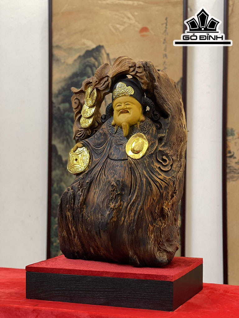 Tượng Thần Tài Gỗ Bách Xanh Cao 59 Ngang 36 Sâu 26 (cm)