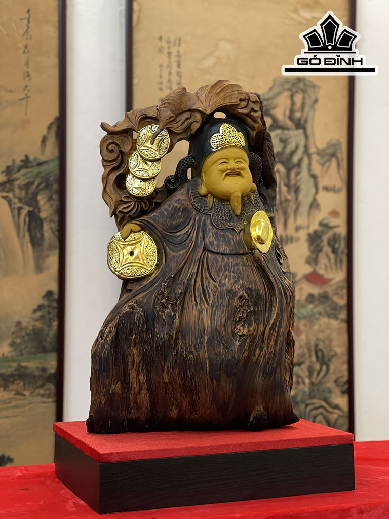 Tượng Thần Tài Gỗ Bách Xanh Cao 59 Ngang 36 Sâu 26 (cm)