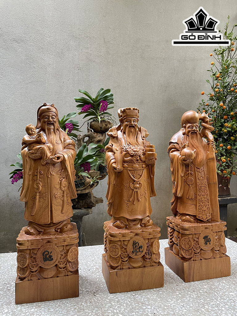 Tượng Phúc Lộc Thọ (Tam Đa) Gỗ Bách Vàng Cao 60 Ngang 18 Sâu 15 (cm)