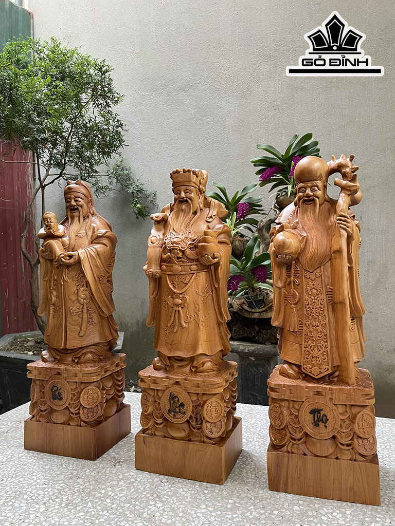 Tượng Phúc Lộc Thọ (Tam Đa) Gỗ Bách Vàng Cao 60 Ngang 18 Sâu 15 (cm)