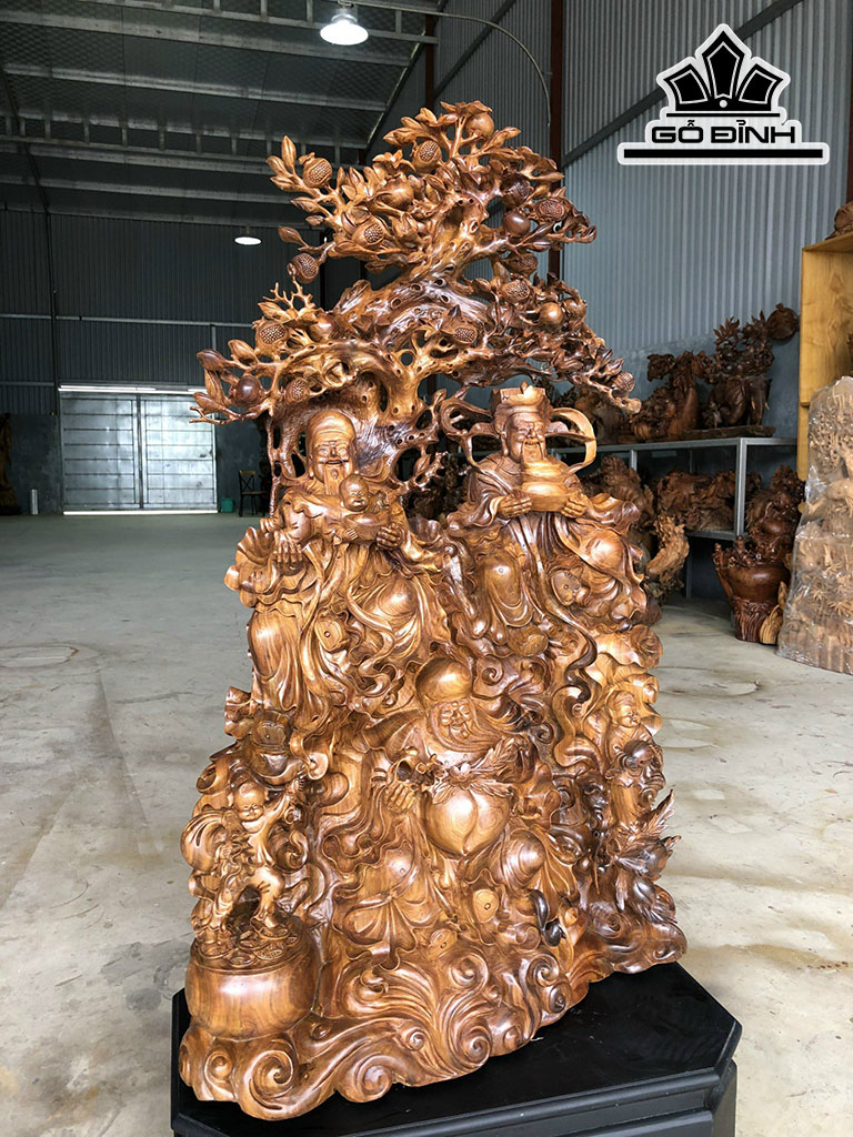 Tượng Phúc Lộc Thọ (Tam Đa) Gỗ Bách Xanh Cao 112 Ngang 65 Sâu 32 (cm)
