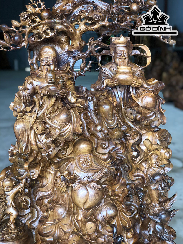 Tượng Phúc Lộc Thọ (Tam Đa) Gỗ Bách Xanh Cao 112 Ngang 65 Sâu 32 (cm)