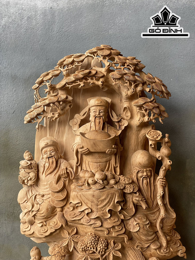 Tượng Phúc Lộc Thọ (Tam Đa) Gỗ Ngọc Am Cao 85 Ngang 55 Sâu 30 (cm)