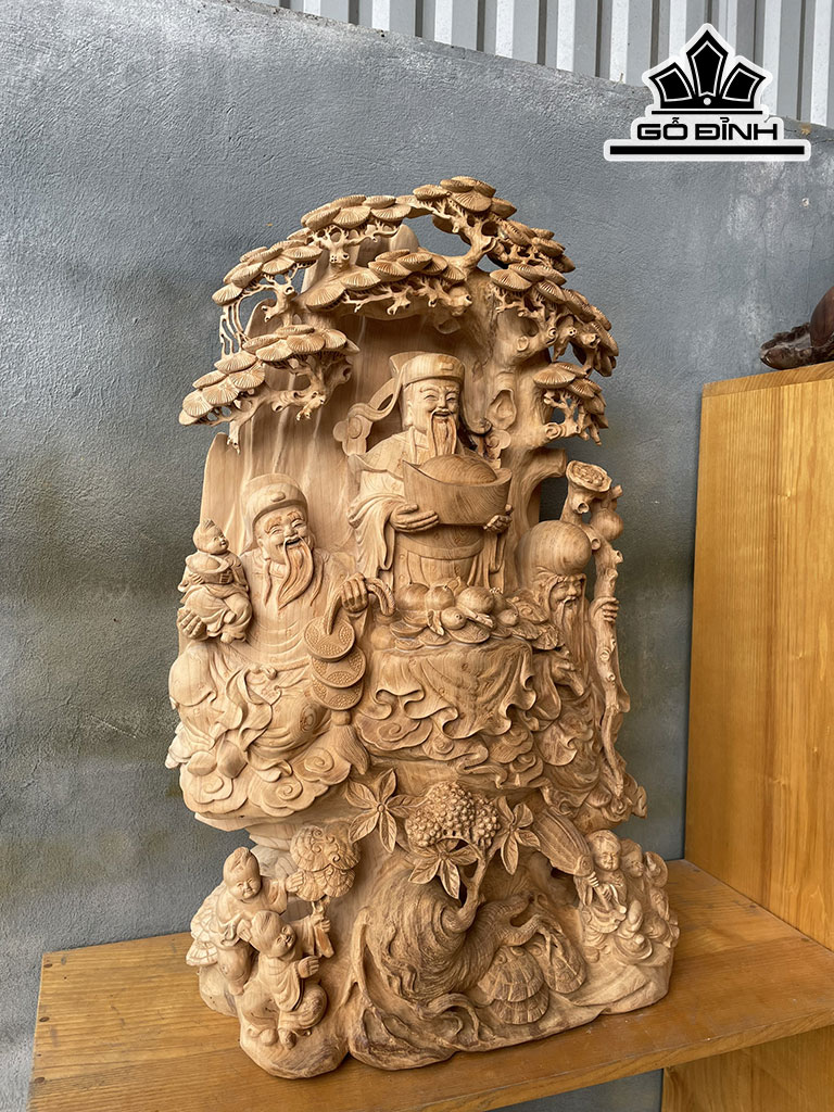 Tượng Phúc Lộc Thọ (Tam Đa) Gỗ Ngọc Am Cao 85 Ngang 55 Sâu 30 (cm)