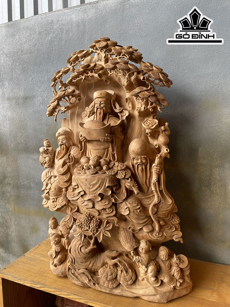 Tượng Phúc Lộc Thọ (Tam Đa) Gỗ Ngọc Am Cao 85 Ngang 55 Sâu 30 (cm)