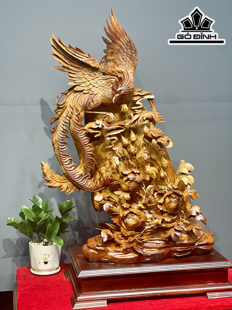 Tượng Chim Phượng Hoàng Gỗ Hương Cao 85 Ngang 48 Sâu 33 Kỷ Cao 10 (cm)