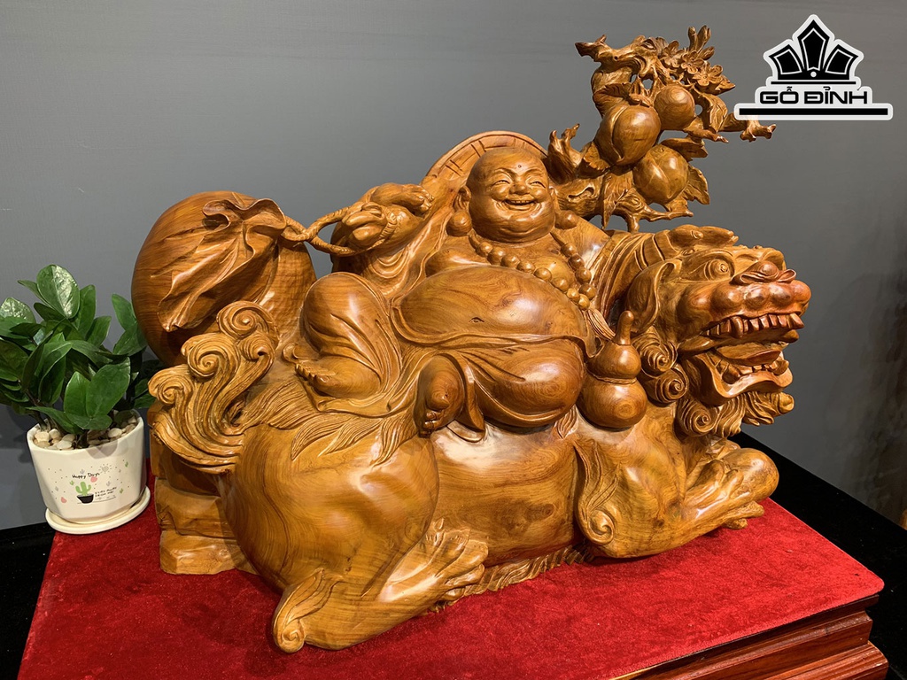 Tượng Phật Di Lặc Vác Cành Đào Gỗ Hương Cao 50 Ngang 60 Sâu 27 (cm)