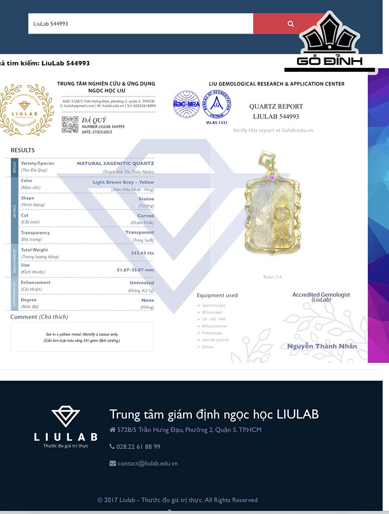 Mặt Dây Chuyền Quan Âm Đá Thạch Anh Tóc Vàng Cao 51,67 Ngang 35,15 (mm) 242,43gr