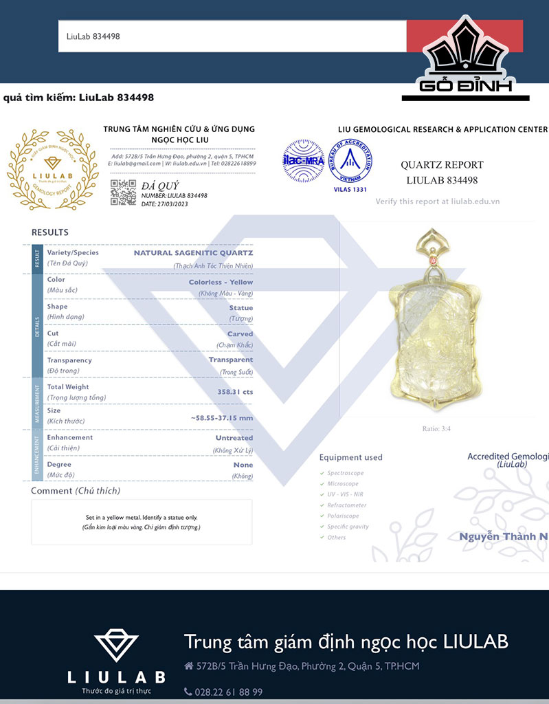 Mặt Dây Chuyền Quan Âm Đá Thạch Anh Tóc Vàng Cao 58,55 Ngang 37,15 (mm) 358,31gr