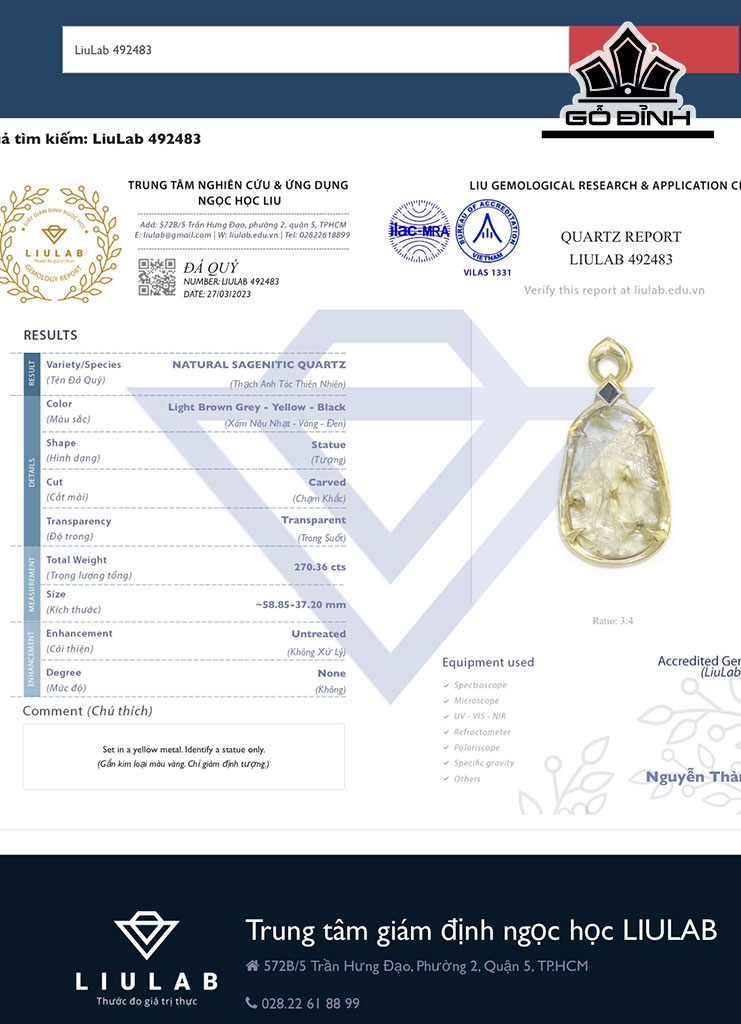 Mặt Dây Chuyền Quan Âm Đá Thạch Anh Tóc Vàng Cao 58,85 Ngang 37,2 (mm) 270,36cts