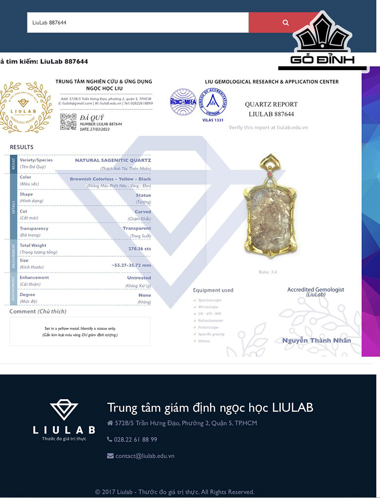 Mặt Dây Hoàng Thần Tài Bảo Thiên Đá Thạch Anh Tóc Vàng Cao 55,27 Ngang 35,72 (mm) 270,36cts