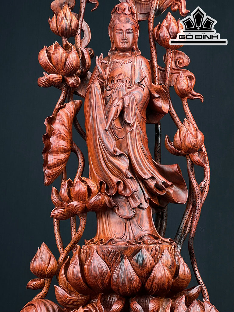 Tượng Phật Bà Quan Âm Gỗ Trắc Cao 94 Ngang 45 Sâu 23 (cm)