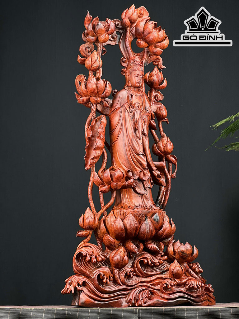Tượng Phật Bà Quan Âm Gỗ Trắc Cao 94 Ngang 45 Sâu 23 (cm)